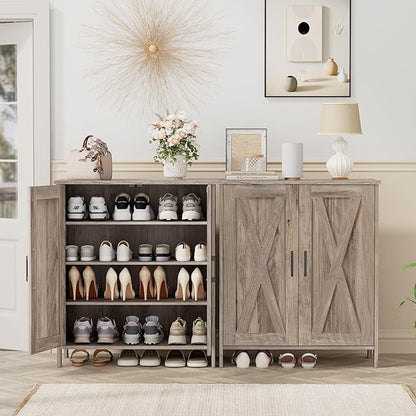 Farmhouse Shoe Cabinet with 2 Barn Doors & Wood Legs, 5-Tier Shoe Storage Cabinet with 3 Adjustable Shelves, Tall Shoe Rack Organizer for Closet, Shoe Organizer for Entryway, Hallway, Greige