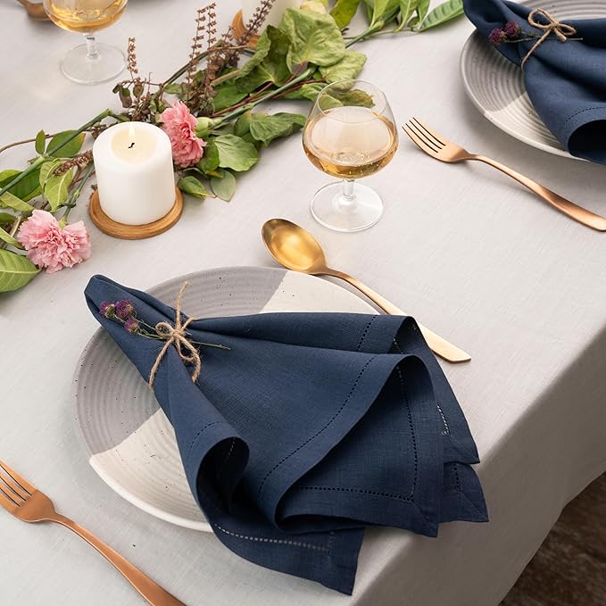 D'Moksha Homes Navy Blue Linen Napkins Set of 4 - Classic Hemstitch 100% Pure Linen Hemstitch Dinner Napkins 20 x 20 Inch for Winter, Christmas, Holiday - Handcrafted and Machine Washable