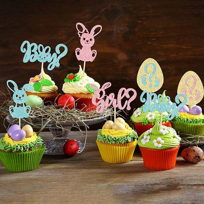 24pcs Gender Reveal Cupcake Toppers - Blue Pink Glitter Bunny Egg Cake Picks - Happy Easter Cake Decorations - Bunny Easter Theme Spring Theme Babyshower Birthday Party Decorations