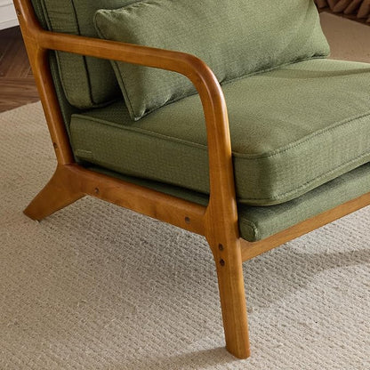 Bonnlo Dark Green Linen Mid Century Modern Accent Chair, Soild Wood Padding Lounge Armchairs Side Sitting Chairs for Living Room, Bedroom, Guest Room