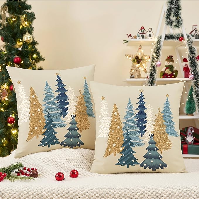 Christmas Pillow Covers 18x18 Inch Set of 2 Blue Decorative Christmas Tree Throw Pillows Linen Winter Holiday Decor for Home Sofa Couch Bed Chair