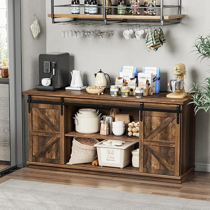 Shahoo Farmhouse Sideboard Buffet Cabinet, Coffee Bar Storage with Sliding Barn Doors, Shelf for Home Dining Room, Barnwood