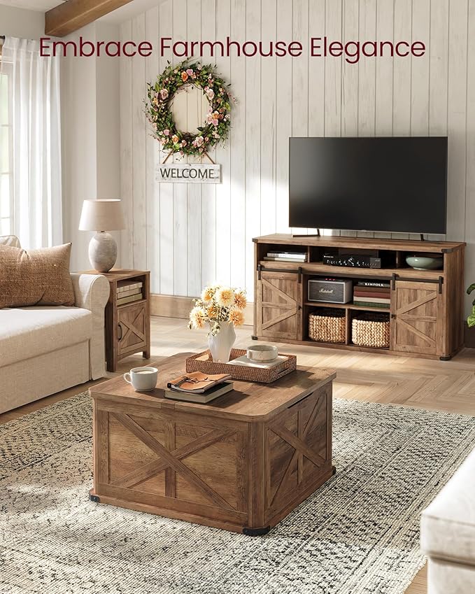 VASAGLE LIRY Collection - Farmhouse Coffee Table with Storage, Square Center Coffee Table for Living Room, with Hidden Compartment, Flip-Top Lids, Honey Brown ULCT232K41