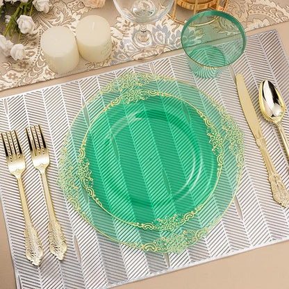 350PCS Clear Green Plastic Plates for 50 Guests, Disposable Plates with Gold Trim include 100 Dinner Plates, 150 Gold Silverware, 50 Cups, 50 Napkins for Party, Wedding and Graduation