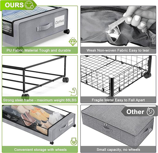 Under Bed Storage with Wheels, 4-Pack Under the Bed Storage Containers with Clear Lids & Label, Underbed Storage Bins, XXL 60L Rolling Metal Drawer for Clothes, Shoes, Toys, Books - Gray