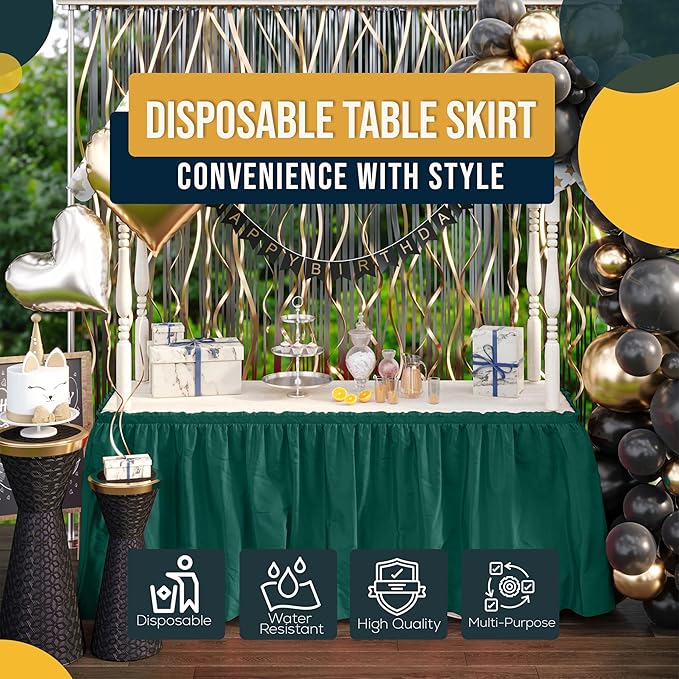 Exquisite Ruffle Table Skirt Dark Green 48 Pack 14 Ft Long Table Skirts for Rectangle Tables 6ft Plus or Round Tables Skirts with Adhesive Strip for Gender Reveal Decor & Happy Birthday Parties