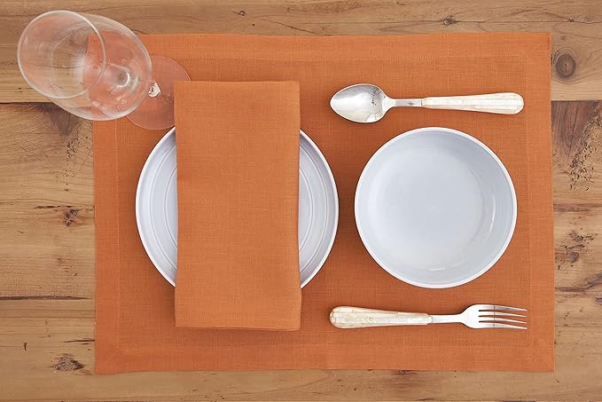 Solino Home Linen Placemats Set of 4 - Pumpkin Placemats 14 x 19 Inch - 100% Pure Linen Table Place Mats for Fall, Autumn, Holiday - Fete
