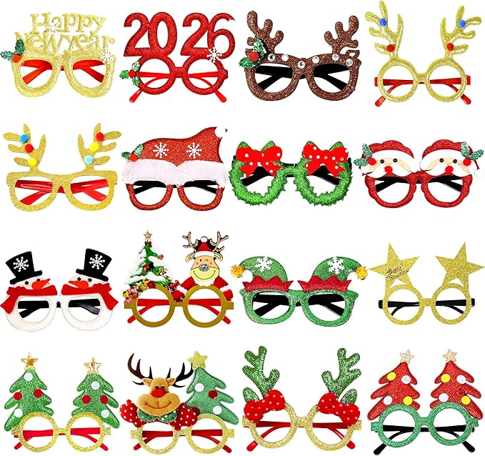 16Pcs Christmas Glasses Glitter Holiday Party, Cute Christmas Glasses Frames, Christmas Eyeglasses Party Decorations for Christmas Party Favors Holiday Favors (One Size Fits All)