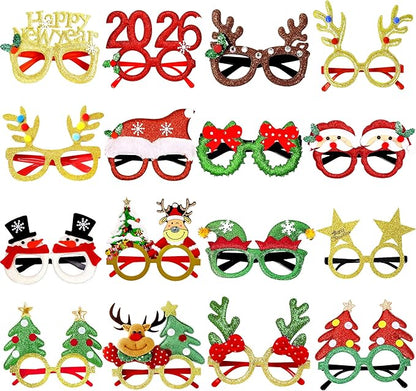16Pcs Christmas Glasses Glitter Holiday Party, Cute Christmas Glasses Frames, Christmas Eyeglasses Party Decorations for Christmas Party Favors Holiday Favors (One Size Fits All)