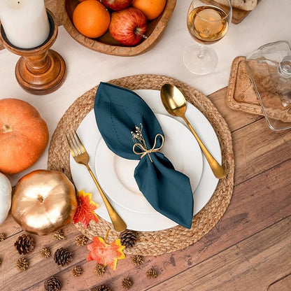 Blue Needles Set of 12 Hemstitch Linen Napkins 100% Cotton Crystal Teal Cloth Dinner Napkins 18x18 inches, Soft Reusable Absorbent Washable, Ideal for Fall Thanksgiving Events, Parties & Everyday Use