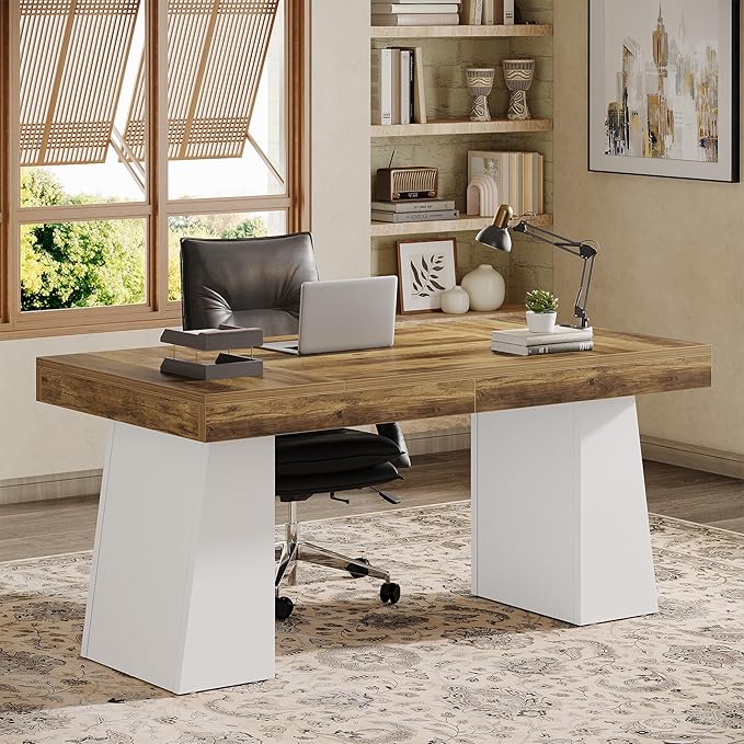 Tribesigns 55" Executive Desk, Wooden Office Desk with Double Pedestal, Modern Simple Computer Writing Table for Home Office, Brown & White