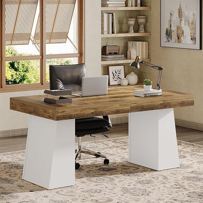 Tribesigns 55" Executive Desk, Wooden Office Desk with Double Pedestal, Modern Simple Computer Writing Table for Home Office, Brown & White