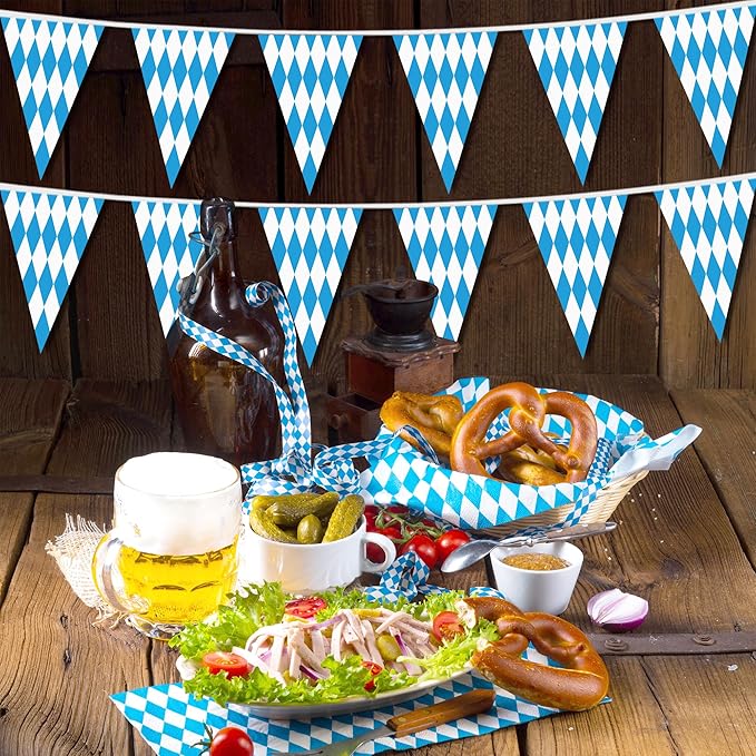 100 FT Oktoberfest Party Decorations, 3 Pack Pre-assemble Pennant Banner Flags, Plastic Blue and White Checkered Hanging Oktoberfest Decor German Bavarian Beer Festival Indoor Outdoor Party Supplies