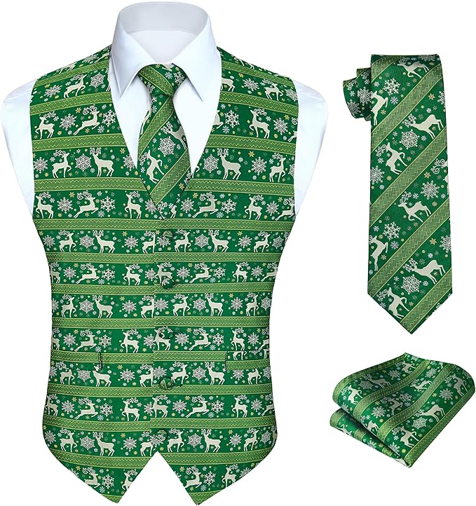 HISDERN Men's Suit Vest Christmas Holiday Season Party Jacquard Waistcoats Necktie Pocket Square Vest Suit Set