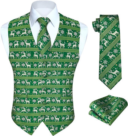 HISDERN Men's Suit Vest Christmas Holiday Season Party Jacquard Waistcoats Necktie Pocket Square Vest Suit Set