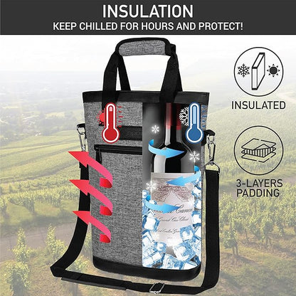 opux Two Bottle Wine Bag Carrier Tote, Insulated Leakproof 2 Bottle Wine Cooler Bag for Travel BYOB Picnic, Portable Wine Case, Gift for Men Women Wine Lover Birthday Party Christmas, Heather Grey