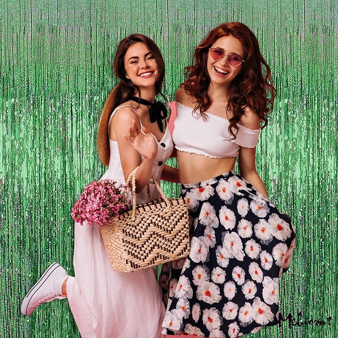 4 Pack Light Green Fringe Curtain Backdrop, 3.2Ft x 8.2Ft Sparkle Metallic Tinsel Foil Fringe Streamers Background for Photo Booth Birthday Wedding Baby Shower Party Thanksgiving Christmas Decorations