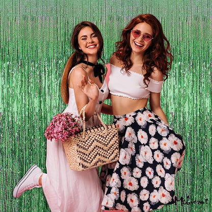 4 Pack Light Green Fringe Curtain Backdrop, 3.2Ft x 8.2Ft Sparkle Metallic Tinsel Foil Fringe Streamers Background for Photo Booth Birthday Wedding Baby Shower Party Thanksgiving Christmas Decorations