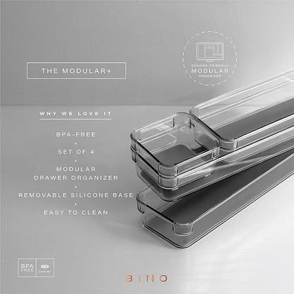 BINO | 4-Piece Drawer Organizer Bin Set - Grey, Small | THE MODULAR+ | Multi-Purpose Storage | Soft-Grip Lining and Non-Slip Rubber Feet | Durable | BPA-Free | Desk Drawer Organizer | Vanity