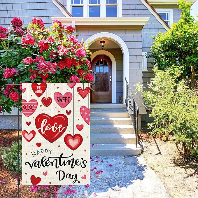 Heyfibro Happy Valentine's Day Garden Flag 12 x 18 Inch Double Sided Burlap,Candy Love Heart Flag Valentine’s Party Supplies for Anniversary Wedding Home Outdoor Decoration (ONLY FLAG)