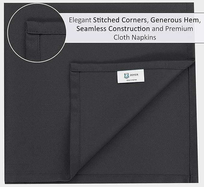 Zoyer Cloth Napkins Set of 12, 18x18 Inches Cotton Enrich Napkins Cloth ‎Washable, Soft & Durable Dinner Napkins for Parties, Wedding, Christmas, ‎Thanksgiving & Everyday Use - Black