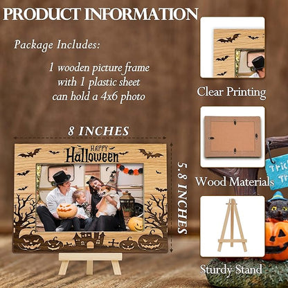 Halloween Picture Frame, 4×6 Pumpkin Wooden Photo Frame for Home Decor Tabletop Display, Spooky Haunted House Gifts for Family Friends - A05