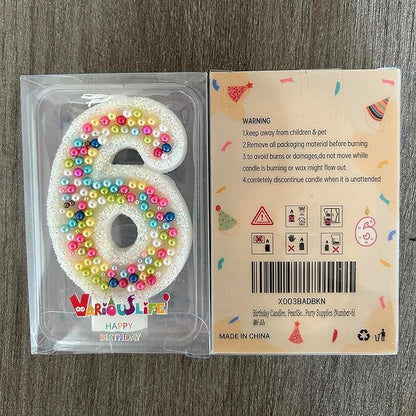 Birthday Candles, Pearl Sequin Number Candle Party Supplies (Number-6)