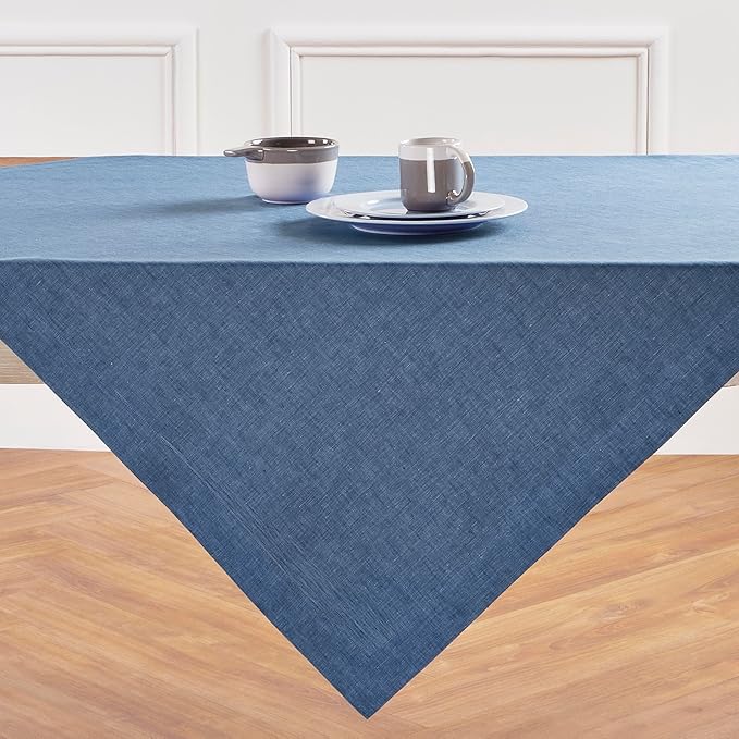 Solino Home Linen Cloth Tablecloth 52 x 52 Inch - 100% Pure Linen Blue Denim Square Tablecloth - Athena, Machine Washable Table Throw
