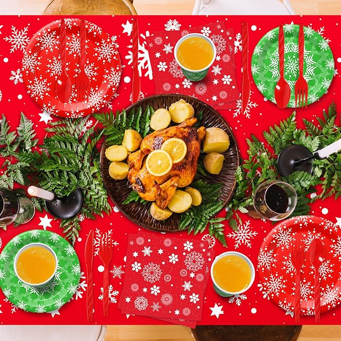 Christmas Party Supplies Tableware Set Serves 25, Winter Christmas Decorations Xmas Theme Paper Plates Cup Napkins Snowflake Tablecloth Red Plastic Cutlery