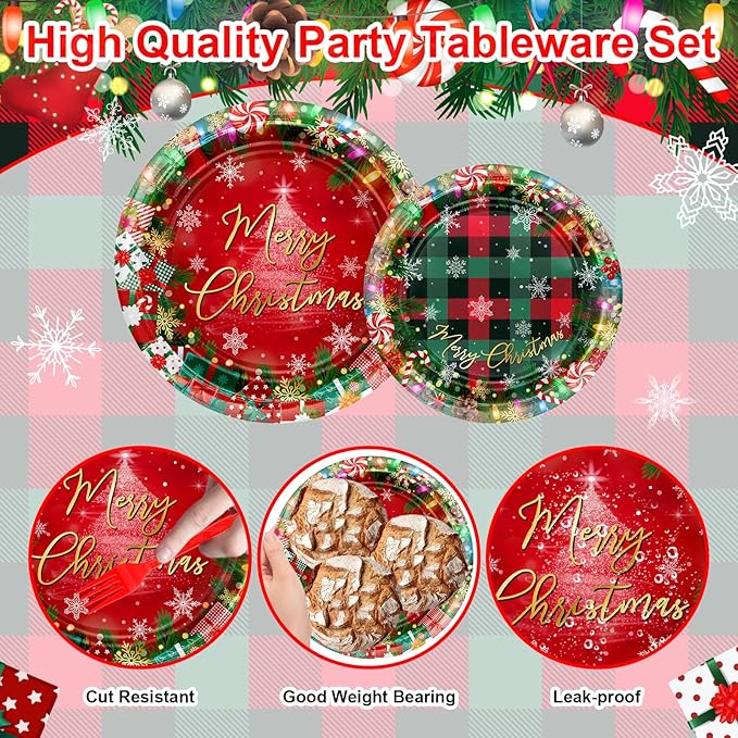 Avezano 192 Pcs Christmas Paper Plates and Napkins Merry Chirstmas Party Tableware Decorations Plaid Christmas Tree Disposable Dinnerware Set Serve 24 (Red)