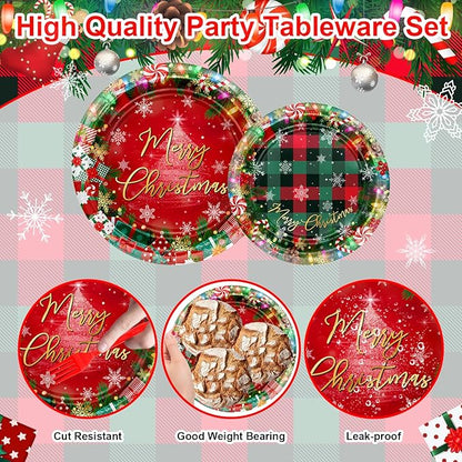 Avezano 192 Pcs Christmas Paper Plates and Napkins Merry Chirstmas Party Tableware Decorations Plaid Christmas Tree Disposable Dinnerware Set Serve 24 (Red)