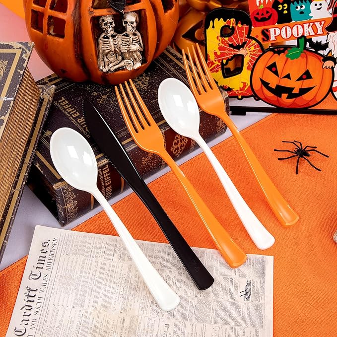 NOCCUR 180PCS Christmas Plastic Silverware Set - Tricolor Flatware Disposable Supplies Include 60 Black Knives, 60 Orange Forks, 60 White Spoons - Ideal for Thanksgiving Party