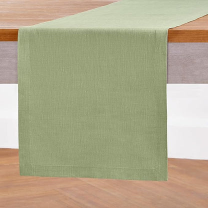 Solino Home Linen Small Table Runner 60 Inches - Athena, 100% Pure Linen Chambray Olive Table Runner 14 x 60 Inch Ideal for Dresser and Coffee Tables - Fall, Autumn, Christmas, New Year