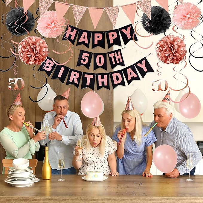 50th Birthday Decorations for Women, Black Rose Gold 50th Birthday Party Decorations, Including Happy 50th Birthday Banner, Hanging Swirls, Honeycomb.