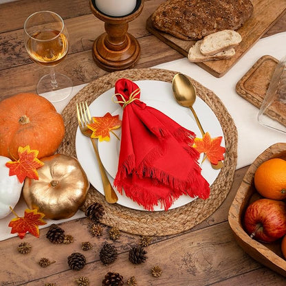 Blue Needles Handmade Cotton Linen Cloth Napkins with Fringes - Set of 6 Red Dinner Table Napkins 18x18 Inch Hemmed Edges Washable, Soft, Reusable, Perfect for Fall Thanksgiving & Family Dinner