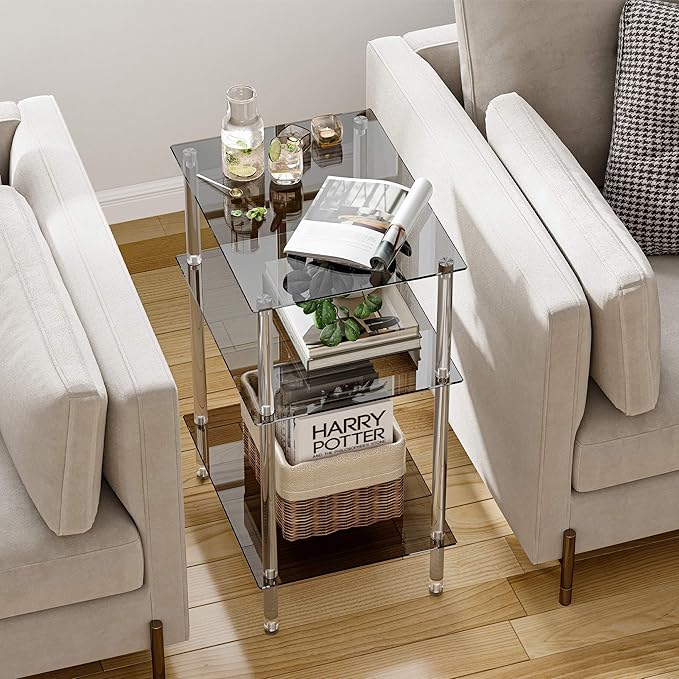 Tempered Glass Side Tables Set of 2 Acrylic End Table with 3 Storage Shelve transparent Bedside simplicity clear 3-Tier Nightstands for small Spaces Office Bedroom Living Room Study black ET-008BK3T