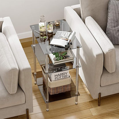 Tempered Glass Side Tables Set of 2 Acrylic End Table with 3 Storage Shelve transparent Bedside simplicity clear 3-Tier Nightstands for small Spaces Office Bedroom Living Room Study black ET-008BK3T