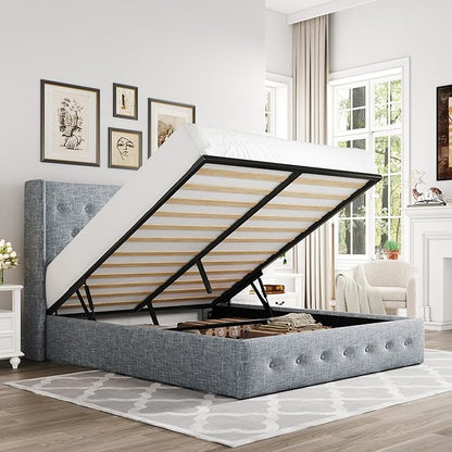 Allewie Queen Size Lift Up Storage Bed, Button Tufted Headboard with Wingback, Hydraulic Support, No Box Spring Needed, Grey Blue