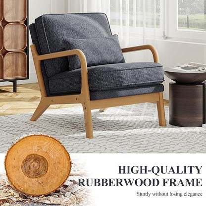 Accent Chair with Solid Wood Frame, Mid-Century Relaxing Armchair Lumbar Pillow& Soft Cushion, Reading Leisure Chair for Living Room, Bedroom, Waiting Room-Blue