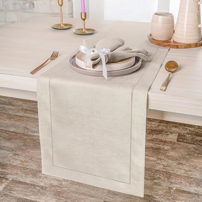 D'Moksha Homes Linen Light Natural Table Runner 90 Inches Long - Classic Hemstitch 100% Pure Linen Dining Table Runner 14 x 90 Inch for Winter, Christmas, Holiday