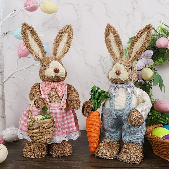 DR.DUDU Set of 2 Easter Decorations for Home- 14" Sisal Bunny Figurines with Carrot & Egg, Spring Straw Bunny Couple Farmhouse Centerpieces for Tables, Easter Rabbits Decor