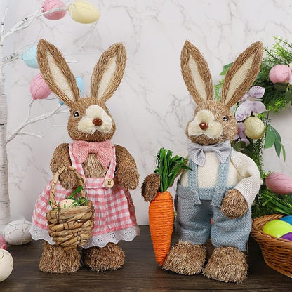 DR.DUDU Set of 2 Easter Decorations for Home- 14" Sisal Bunny Figurines with Carrot & Egg, Spring Straw Bunny Couple Farmhouse Centerpieces for Tables, Easter Rabbits Decor