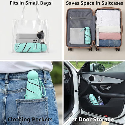 BAODINI Travel Essentials Mini Umbrella for Purse With Case Small Compact UV Sun Protection Lightweight Tiny Pocket Manual Open Close Umbrella for Women Kids and Men Fits Purse Backpack