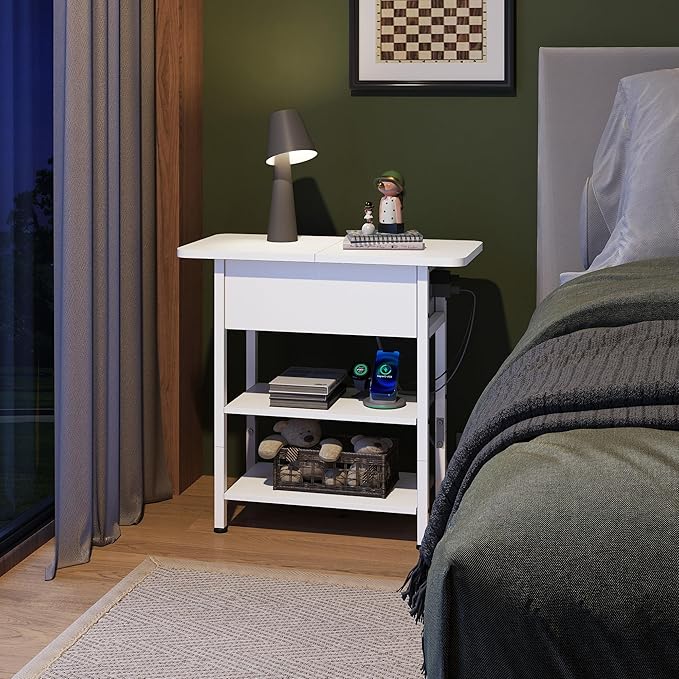 WLIVE End Table with Charging Station, Flip Top Side Table with Storage Shelf, Sofa Couch Table with USB Ports and Outlets, Narrow Bedside Table for Living Room, Bedroom ,11.81"D x 23.62"W x 24.33"H