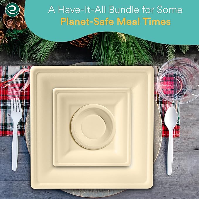 ECO SOUL 400 Pcs Compostable Dinnerware Set For 50 Guests, 50 Pcs Each Of Eco-Friendly White Disposable Paper Plates Of 10"" & 6"", Cutlery, Napkins, 16 oz Bowls & 16 oz Cups Set For Party & Picnic