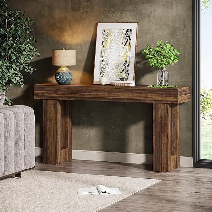 Tribesigns 63-Inch Long Console Table, MDF Wood Grain Rectangular Sofa Table Behind The Couch, Farmhouse Entryway Table for Entrance, Hallway, Living Room (Rustic Brown)