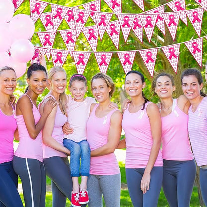 100 FT Breast Cancer Awareness Decorations, 3 Pack Pre-assemble Pink Ribbon Pennant Banner Flags, 60 PCS Plastic Pennants Flags Indoor Outdoor Party Supplies Home Office Ceiling Wall Hanging Decor