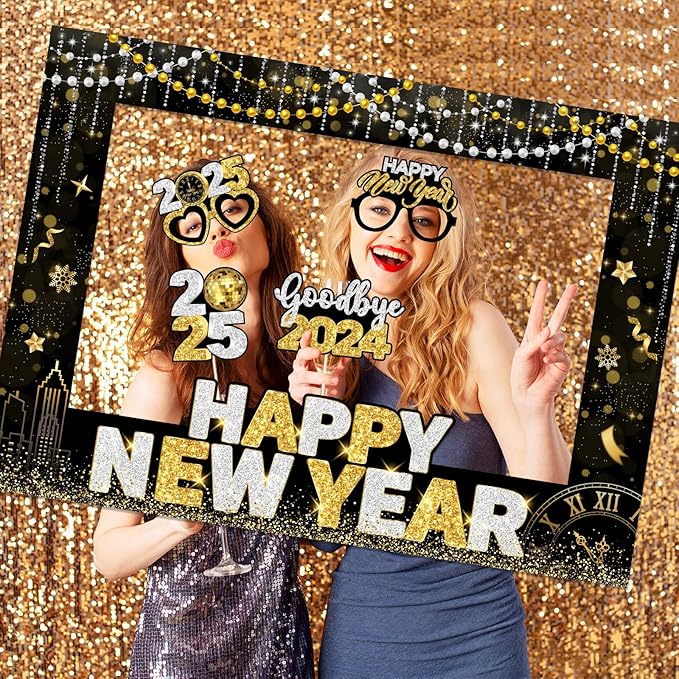 2025 New Years Photo Booth Props,New Years Eve Party Supplies 2025 Black Gold New Year Photo Booth Props with Photo Frame for New Years Eve Party Decorations
