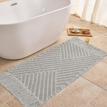 Waffle Bath Mat Non Slip, Boho Runner Rug, Super Absorbent Quick Dry Long Bath Runner Bathroom, Soft Farmhouse Bath Rug with Tassels, Washable Shower Mats for Floor 24"x48", Tassels Light Grey