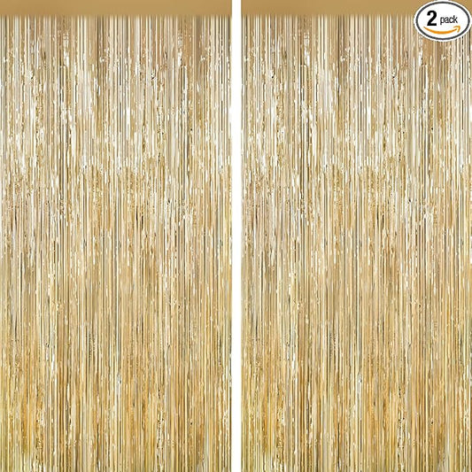 Champagne Gold Tinsel Backdrop Foil Fringe Curtains - 2 Packs Door Streamers Backdrop for Birthday Door Decorations, Party Supplies for Bachelorette, Graduation, Christmas, Disco Decor